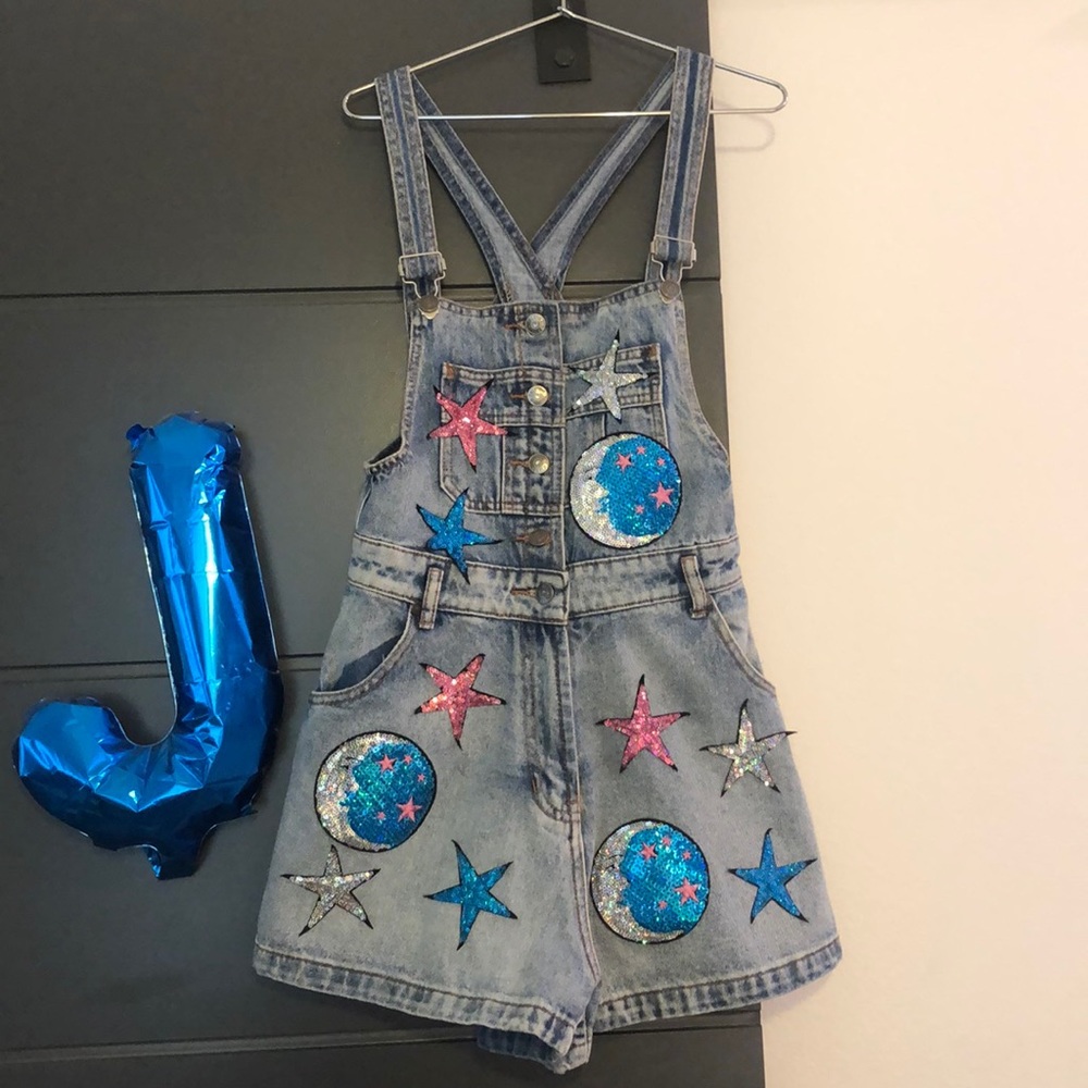 LF jean short overalls with sequin patches